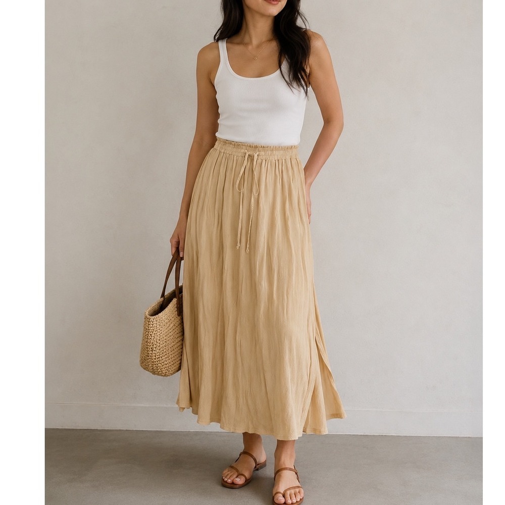 Casual Corner Vintage Yellow Crinkle Maxi Skirt Drawstring Side Slits Size 14 p3